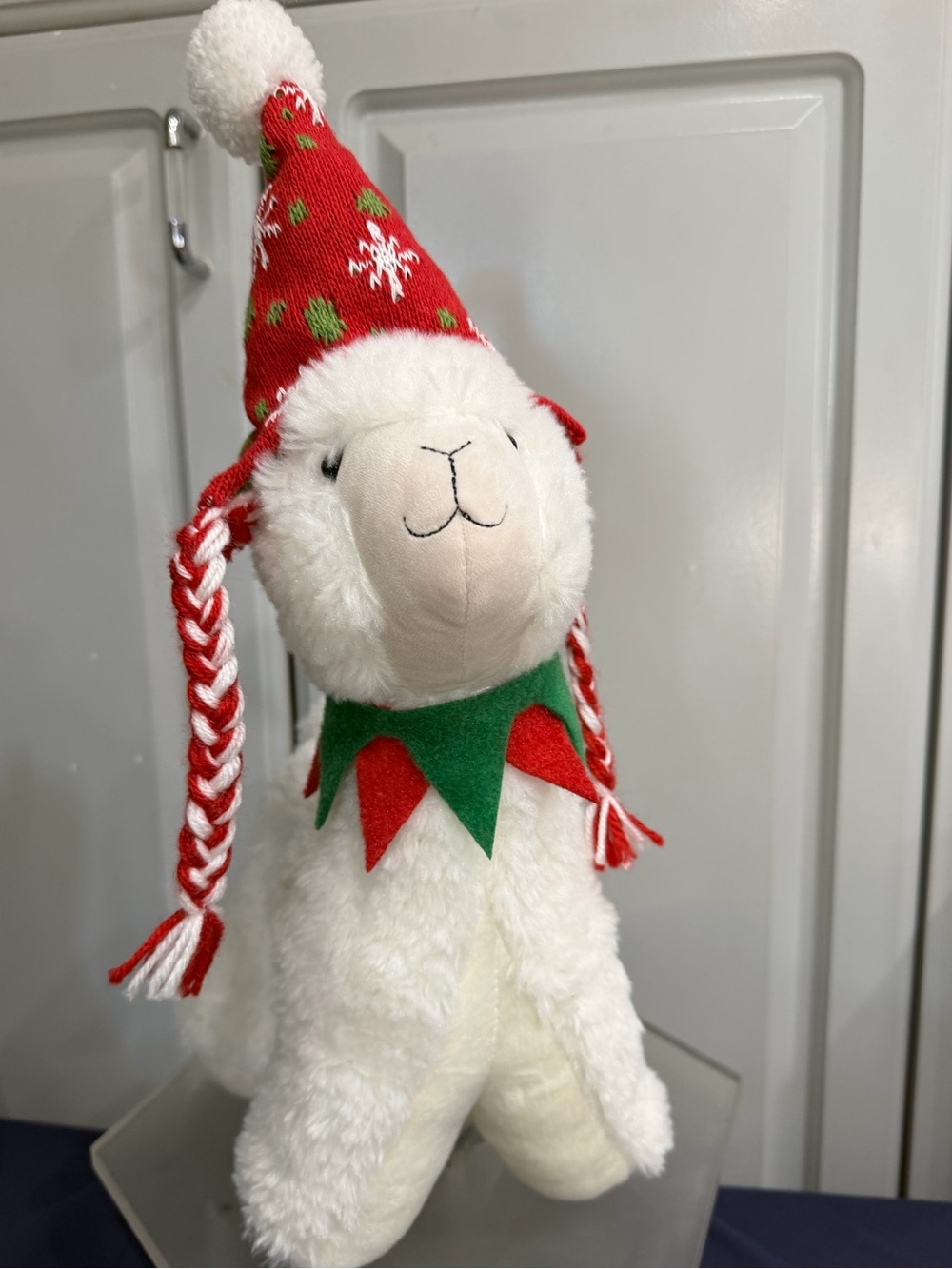 Plush White Llama with Red & Green Holiday Hat